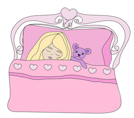 Little girl sleeping with her bear toy