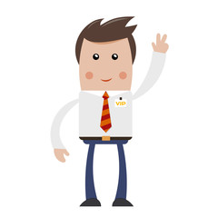 Businessman with VIP badge with raised hand and a sign of victor