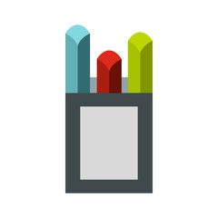 Colorful chalks in carton box icon in flat style on a white background