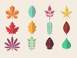 Stylized Autumn Leaves Set. Flat Design Style. 