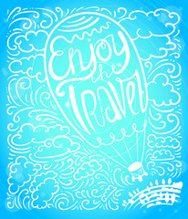 Enjoy travel callygraphic text in air balloon silhouette