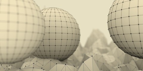Low poly mountains landscape. 3d illustration. Polygonal mosaic background with spheres covered by grid