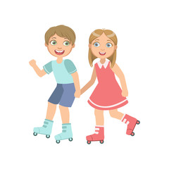 Boy And Girl Roller Skating Holding Hands