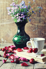 vintage composition cherry berry on wooden background