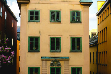 Obraz premium A picture of yellow house with green windows