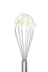 egg whisk with whipping cream, isolated on white