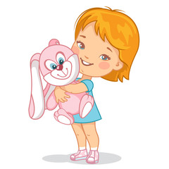 Child with  pink plush  rabbit toy