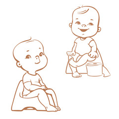 Potty training. Babies in toilet. Sketch