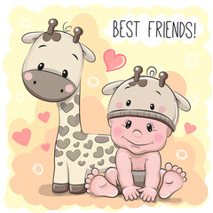 Cute Cartoon Baby and giraffe