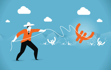 vector illustration: cowboy throws a lasso, catching euros, business  illustration, vector business character