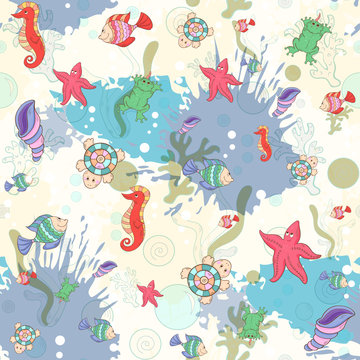 Seamless pattern with sea inhabitants on the background color blots,inks. Vector marine illustration.