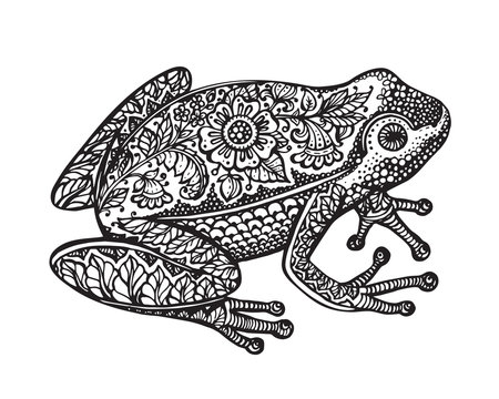Black and white ornate doodle frog in graphic style