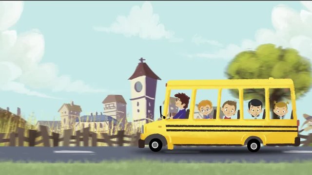 Niños en autobus escolar. Excursión en el colegio