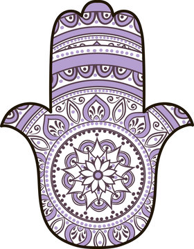 drawing of a Hand of Fatima (Hamsa) in white, violet and black colors on a white background