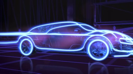 Abstract 3d animation of a futuristic blue car in 4K UHD, cgi made with wireframes on an animated futuristic city background to highlight the automobile and it's technology and engineering