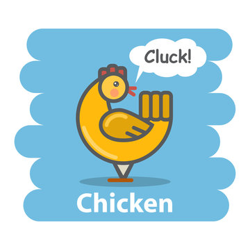 Chicken vector illustration on isolated background.Cute Cartoon Chicken farm animal character speak Cluck on a speech bubble.From the series what the say animals