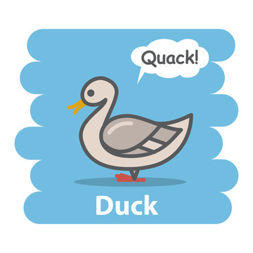 Duck vector illustration on isolated background.Cute Cartoon duck farm animal bird character speak Quack on a speech bubble.From the series what the say animals