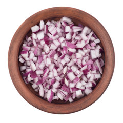 Bowl of chopped red onion on white background.