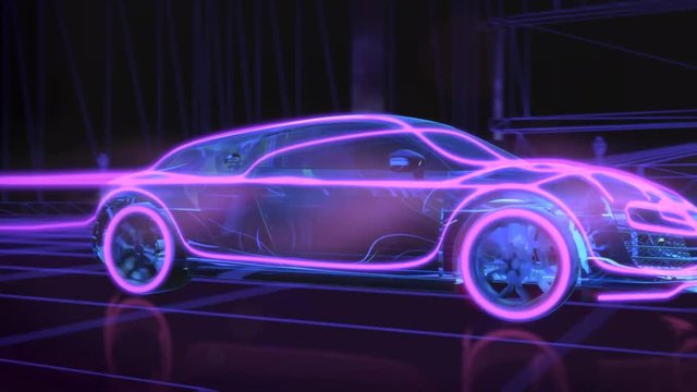 Abstract 3d animation of a futuristic blue car with red highlights in 4K UHD, cgi made with wireframes on an animated futuristic city 
