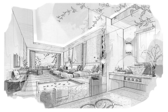 sketch stripes bed room & bath room , black and white interior design.