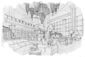 sketch stripes lobby lounge, black and white interior design.
