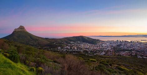 View of Cape Town city bowl and Lion's Head at sunrise
