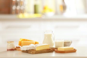 Dairy products on kitchen table