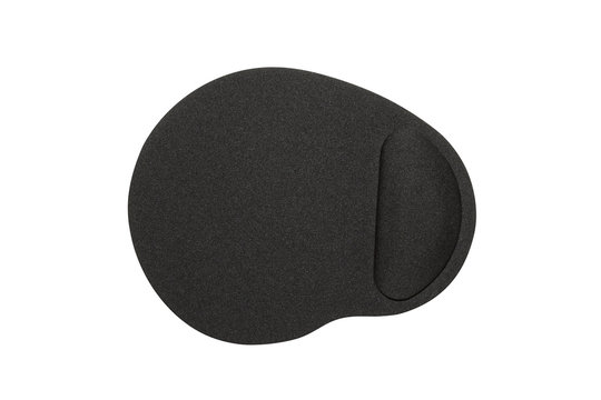The mouse pad is black on a white background.A mouse pad with a wrist pad.