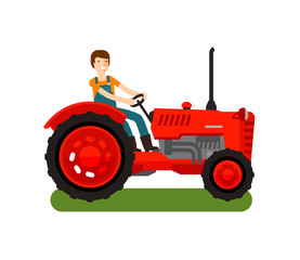 Retro farm tractor icon. Cartoon vector illustration