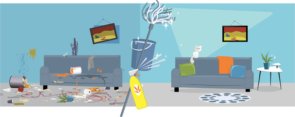 Living room before and after cleaning, EPS 8 vector illustration, no transparencies - obrazy, fototapety, plakaty
