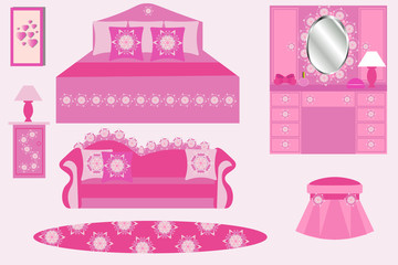 Bedroom interior vector illustration. A set of furniture for girls. Bedroom pink color