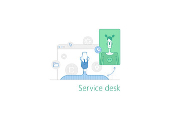 Thin trendy outline style graphics with service desk illustration and service desk icons.
