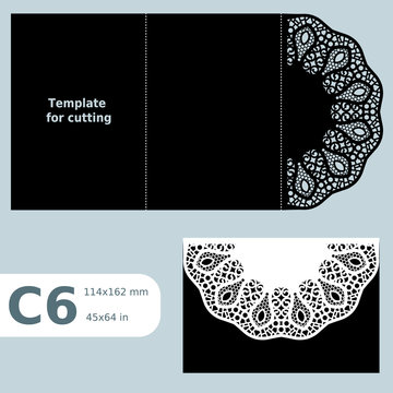 C6 paper openwork greeting card, template for cutting, lace invitation,  card with fold lines,  object isolated background, vector illustration