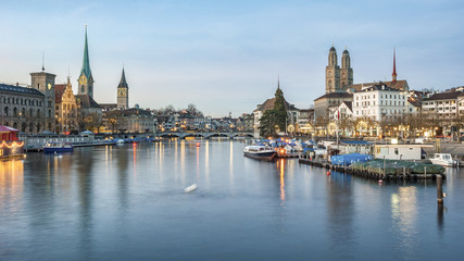 Obraz premium Panoramic image of Zurich during twilight blue hour. Photo taken on: December 26th, 2015