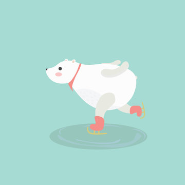 Illustration of cute polar bear on ice skates.
