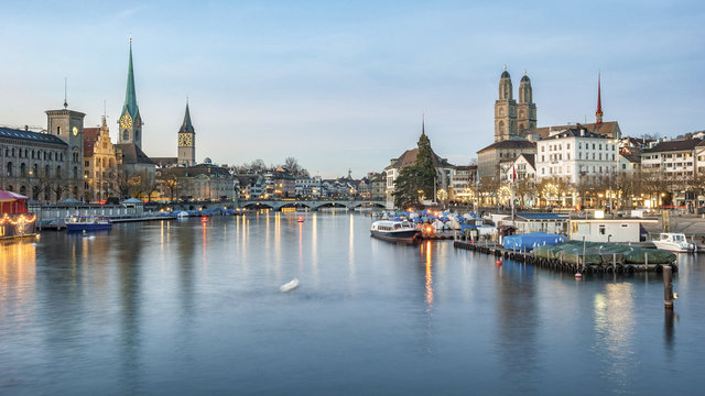 Panoramic image of Zurich during twilight blue hour. Photo taken on: December 26th, 2015