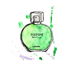 Green perfume bottle. Hand painting watercolor illustration of glass  green perfume bottle