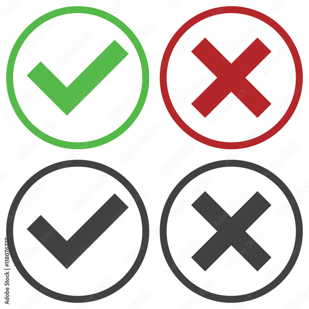 Poster set of four simple web buttons: green check mark and red cross in two variants