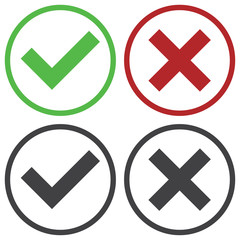 Set of four simple web buttons: green check mark and red cross in two variants