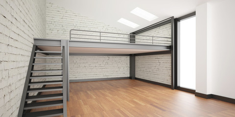 3d interior rendering industrial Mezzanine space and wood floor and Loft design - obrazy, fototapety, plakaty
