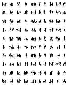 Black silhouettes of families at walking, vector