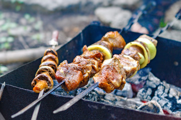 Marinated shashlik preparing on a barbecue grill over charcoal. Roast kebabs on BBQ Grill. Shashlik or Shish kebab popular in Eastern Europe. Selective focus