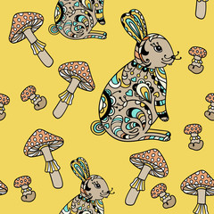 Seamless pattern with forest hare and mushroom.