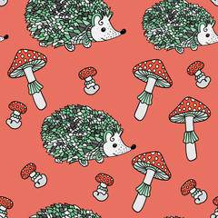 Seamless pattern with hedgehogs and mushrooms.