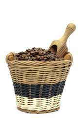 Fresh coffee beans in the basket in white background
