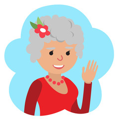 Vector drawing of icon elderly woman in the cloud, waving his hand.