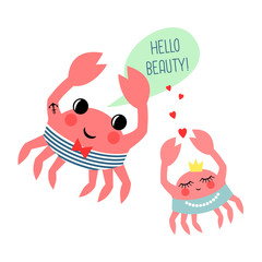 Hello beauty card with cute cartoon sailor crab and crab girl on white background. Marine life character vector illustration.