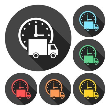 Express delivery icon, Delivery car with watch icons set