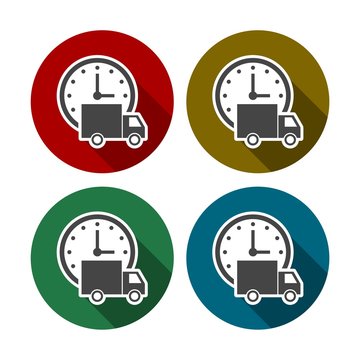 Express delivery icon, Delivery car with watch icons set