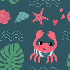 Cartoon crab with  shell, palm leaf, waves and starfish seamless pattern. Marine life character vector illustration. Design for textile, wallpaper, fabric, decor etc. Child drawing style background.